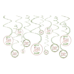 Love & Leaves Swirl Hanging Decorations, Rose Gold/Green, 10-inch, 12-pk