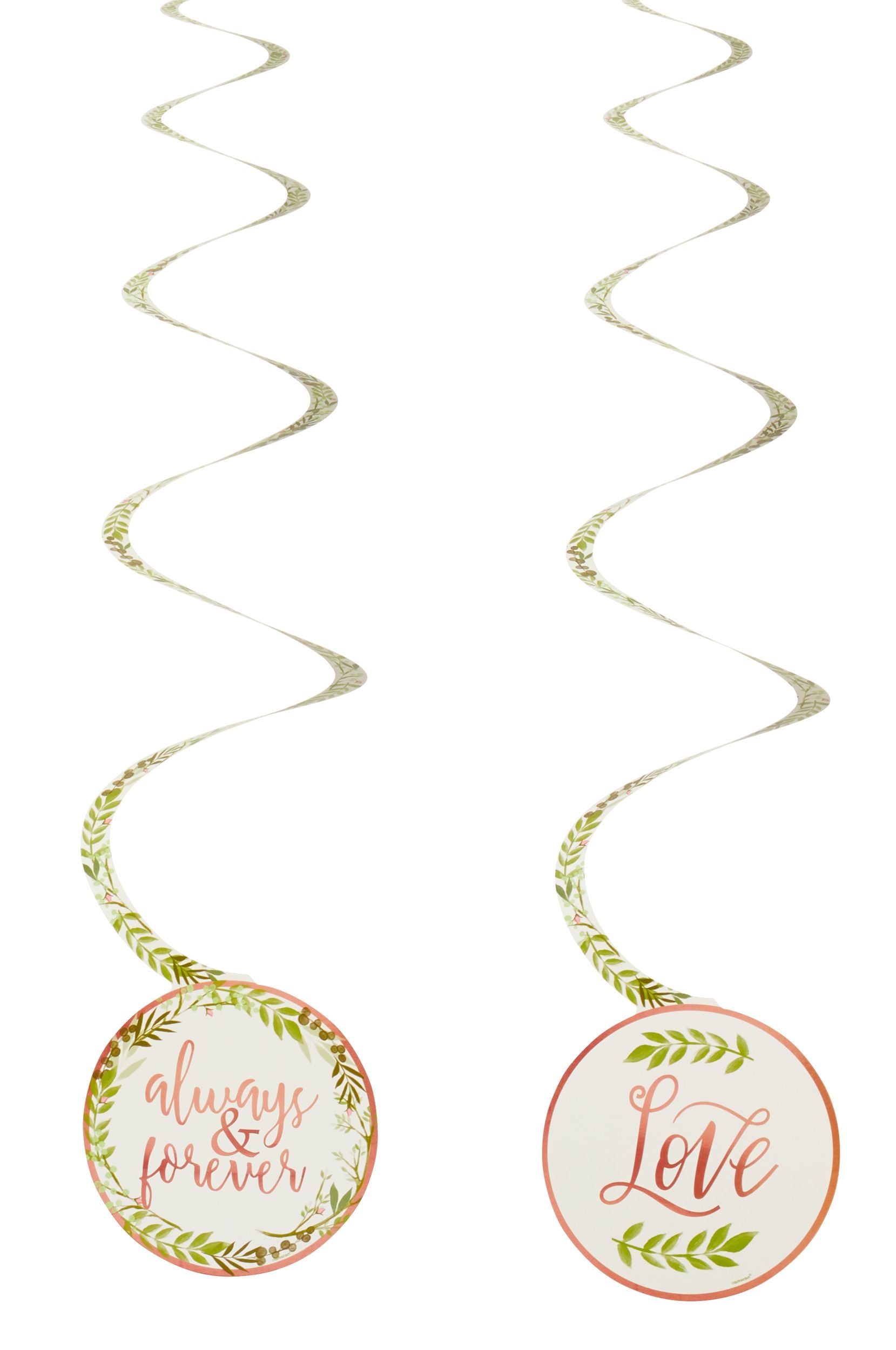 Love & Leaves Swirl Hanging Decorations, Rose Gold/Green, 10-inch, 12-pk