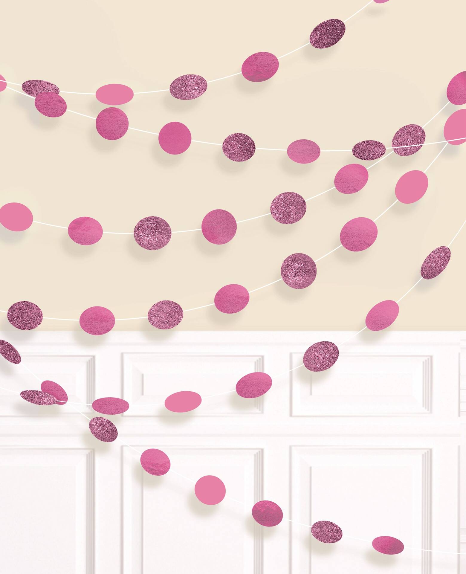 Bright Pink Polka Dot String Decorations, 7-inch, 6 Pack
