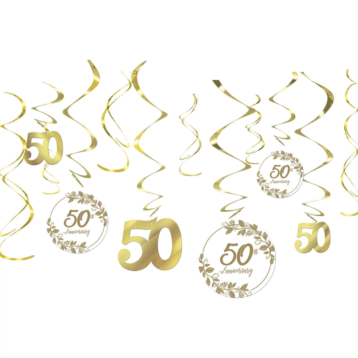 50th Anniversary Swirl Decorations, Gold, 10 inch, 12-pk