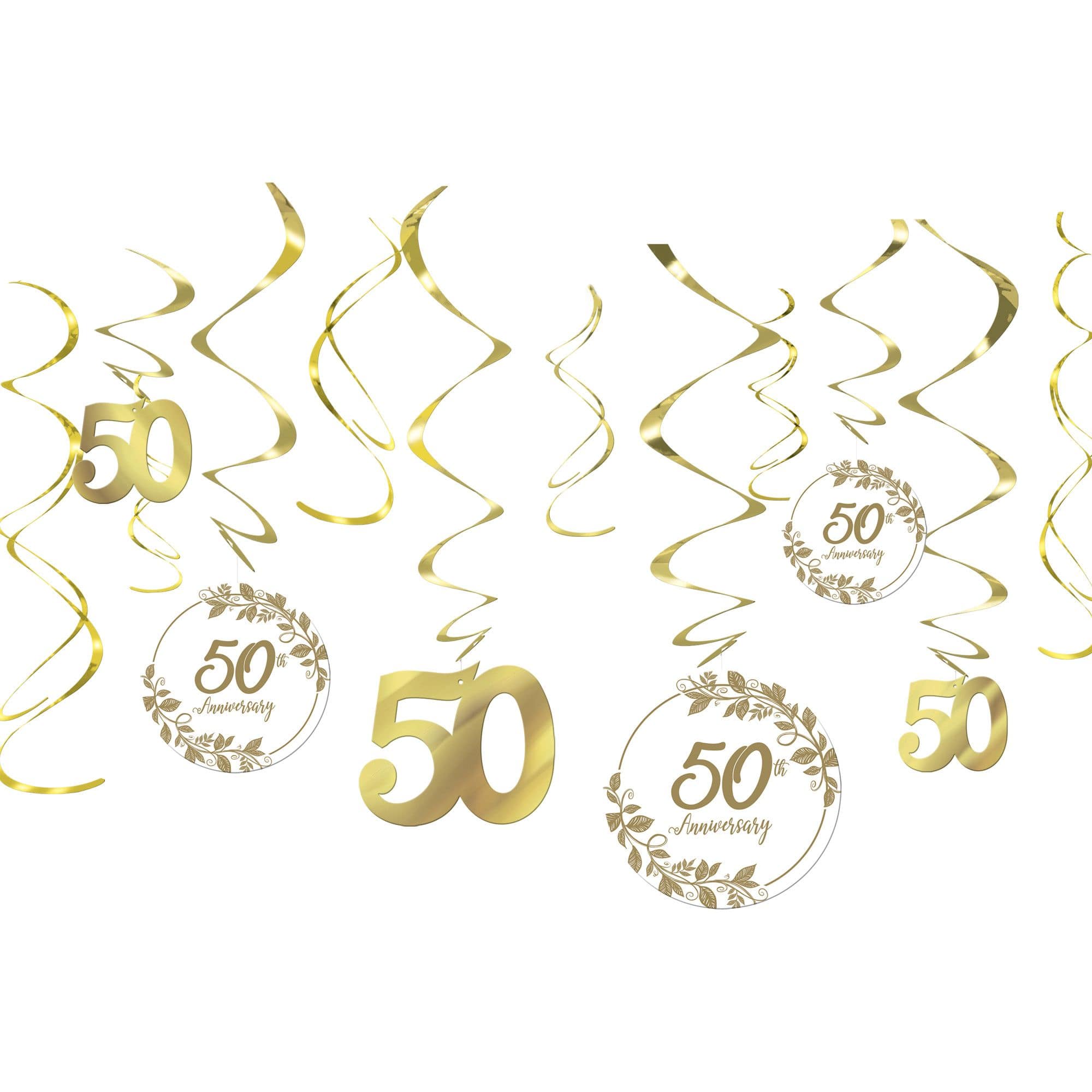 50th Anniversary Swirl Decorations, Gold, 10 inch, 12-pk