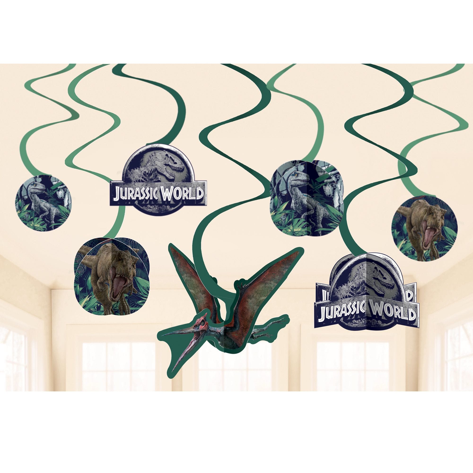Jurassic World Swirl Hanging Decorations, Green, 10-inch, 12-pk
