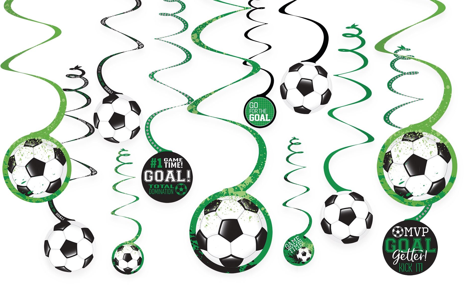 Soccer Swirl Hanging Decorations, Green/White, 10-inch, 12-pk