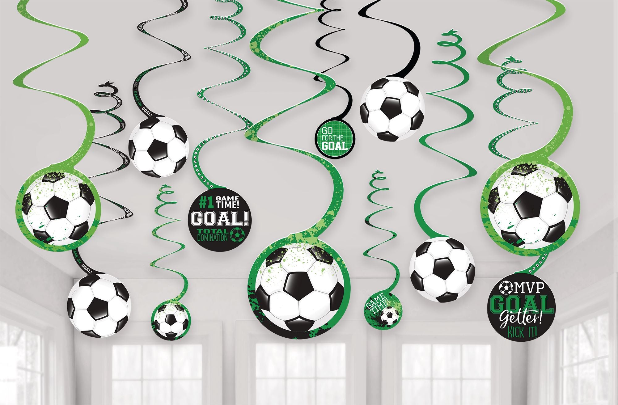Soccer Swirl Hanging Decorations, Green/White, 10-inch, 12-pk