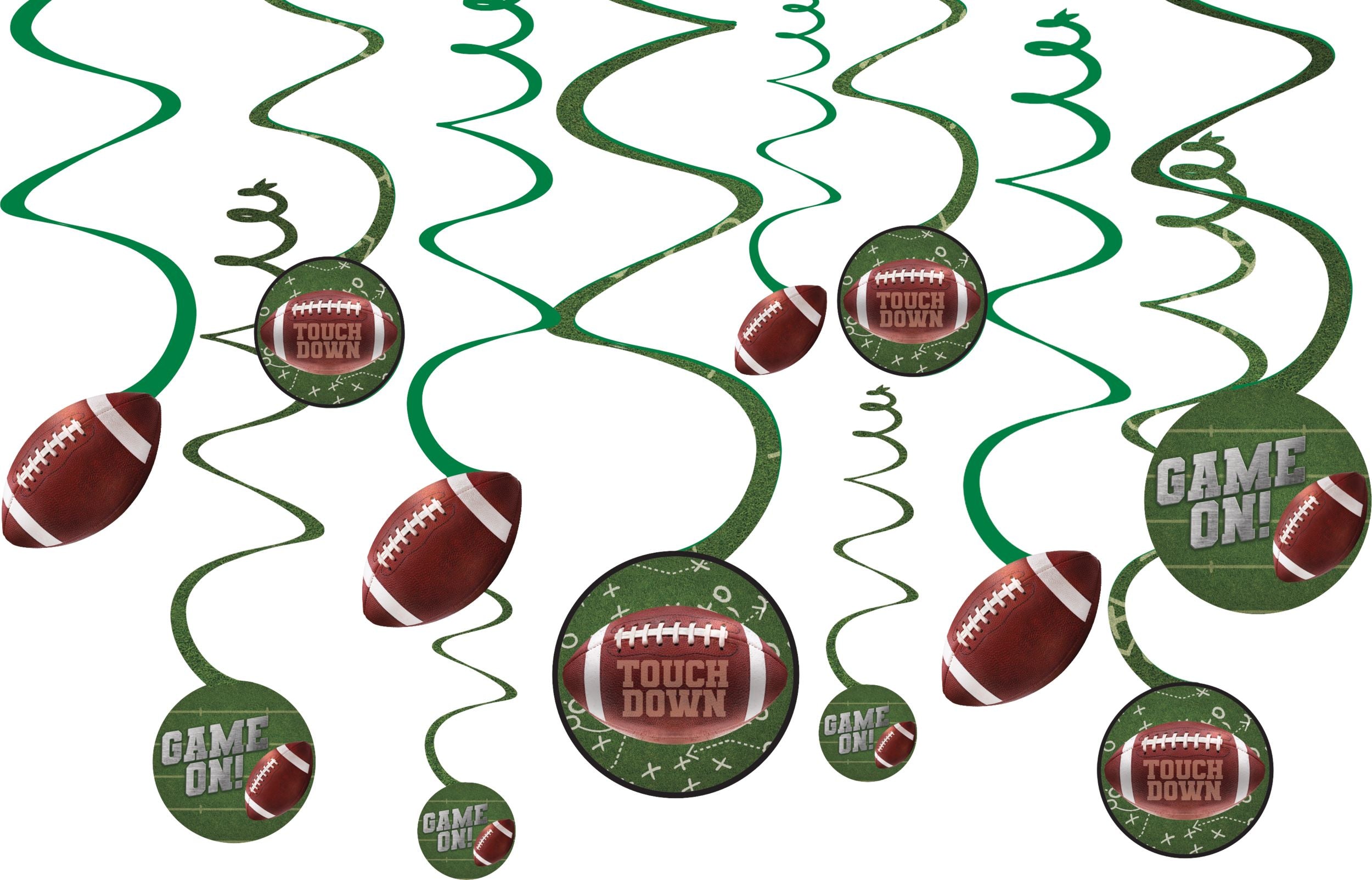 Football Touch Down Swirl Hanging Decorations, Green/Brown, 10-inch, 12-pk