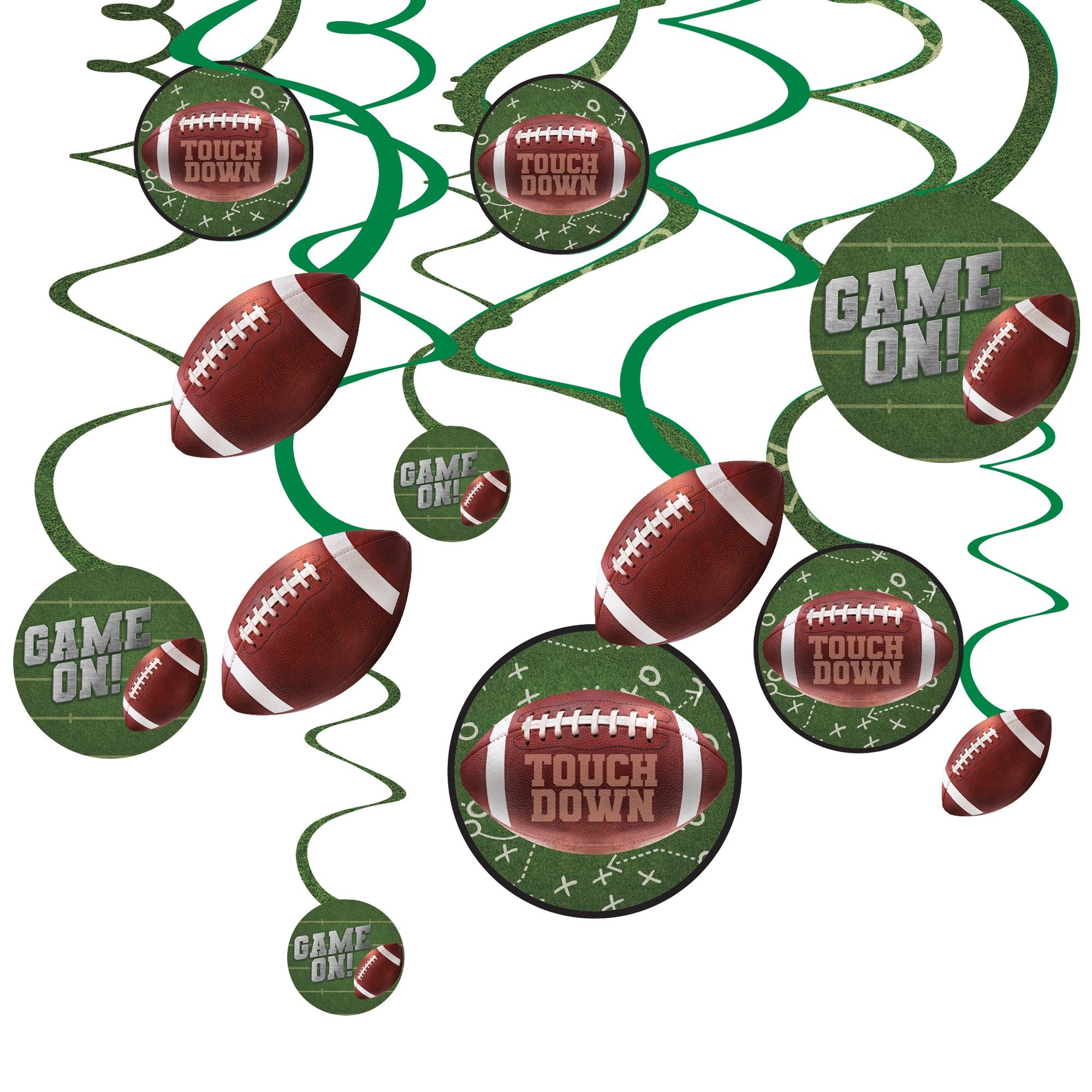 Football Touch Down Swirl Hanging Decorations, Green/Brown, 10-inch, 12-pk