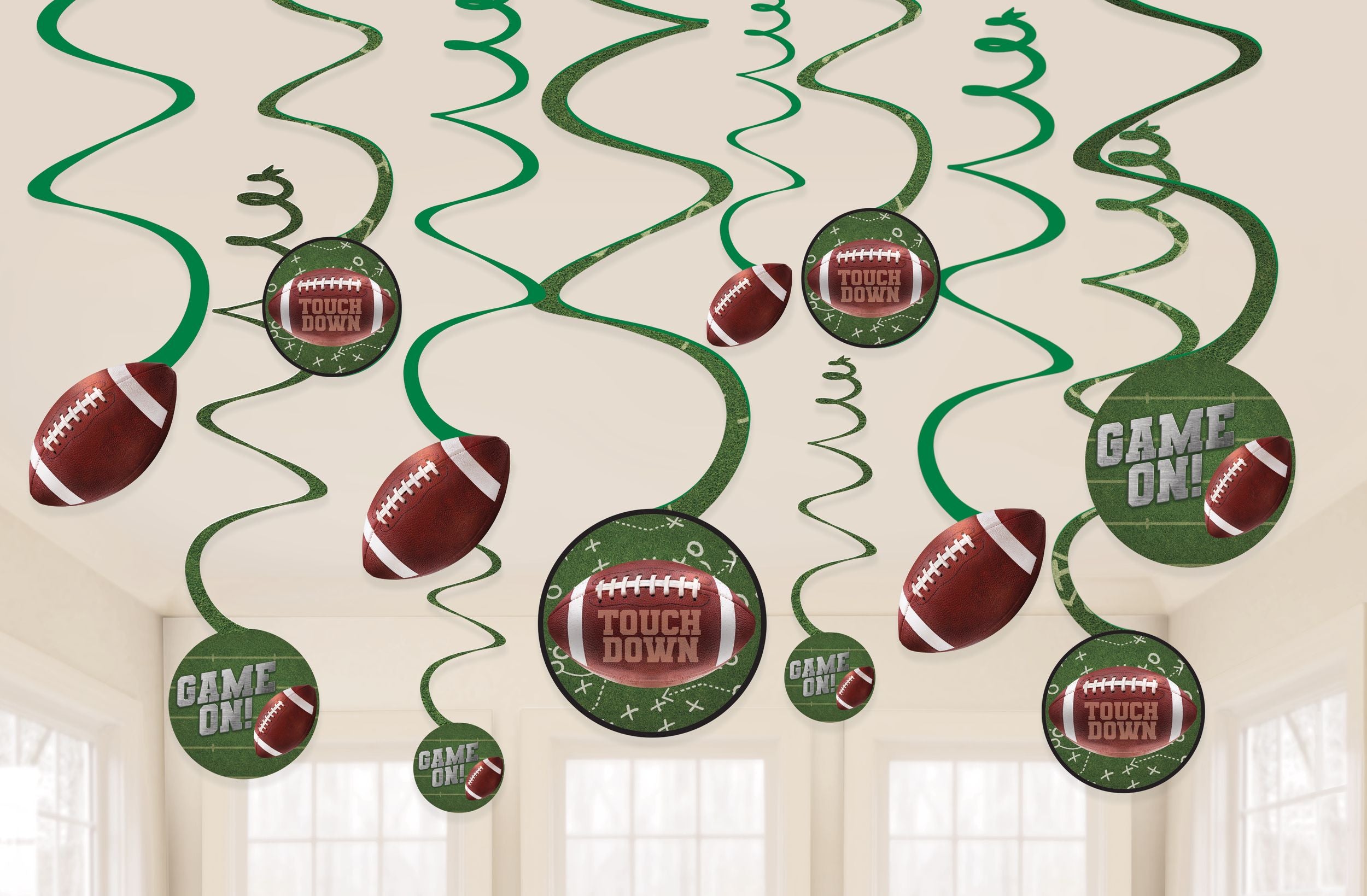 Football Touch Down Swirl Hanging Decorations, Green/Brown, 10-inch, 12-pk