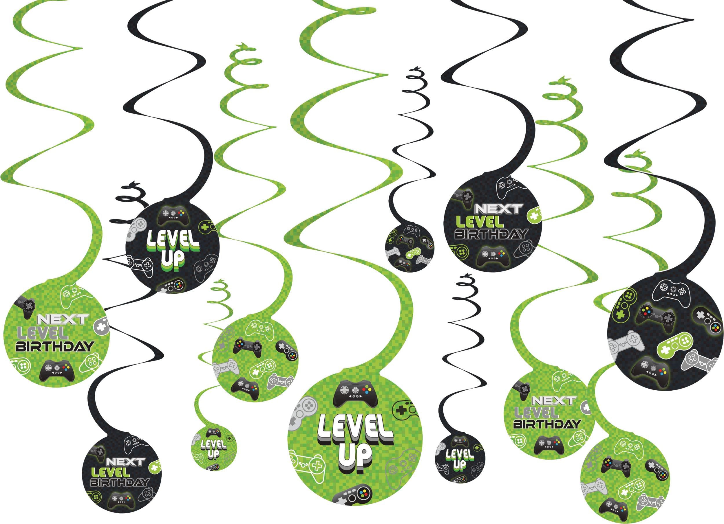 Level Up Swirl Hanging Decorations, Green/Black, 10-inch, 12-pk