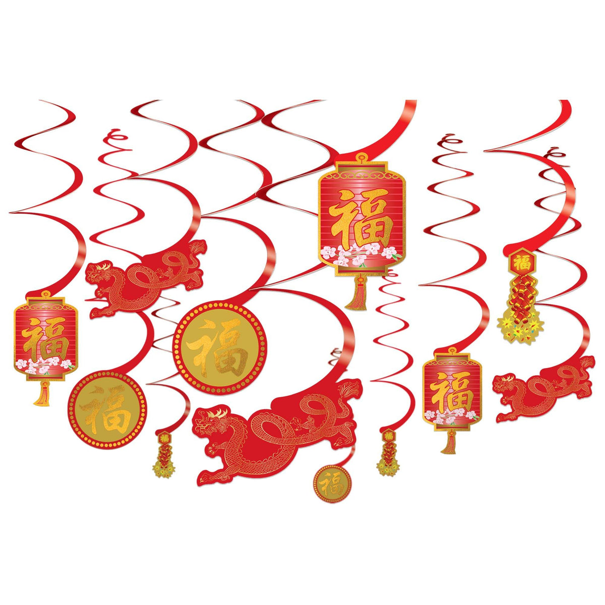 Lunar New Year Swirl Hanging Decorations, Red/Gold, 10 inch, 6-pk