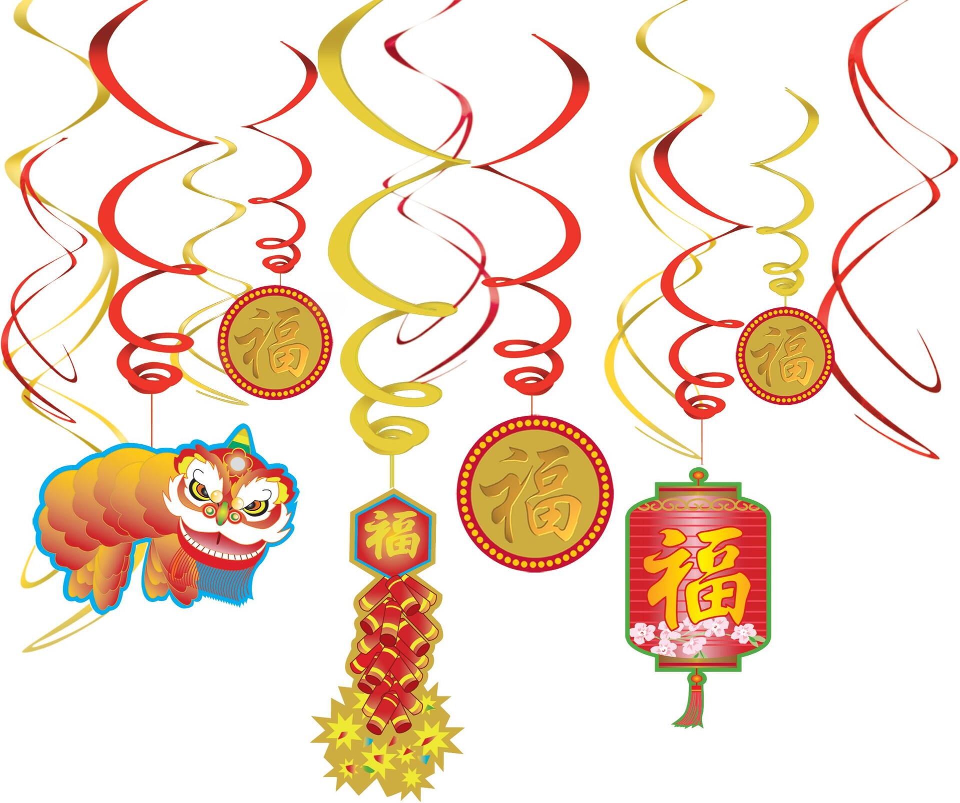 Lunar New Year Swirl Hanging Decorations, Red/Gold, 10 inch, 6-pk