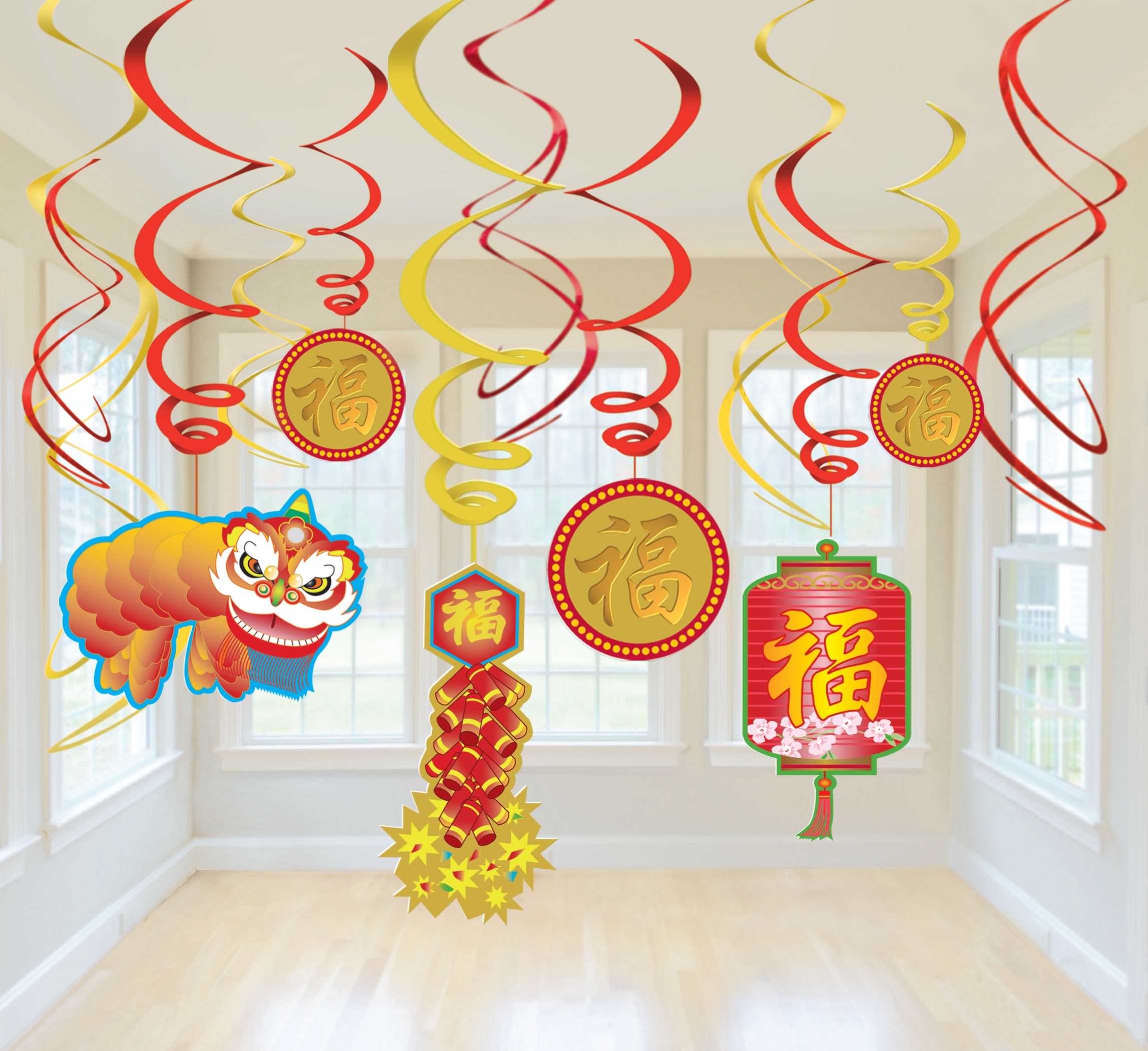 Lunar New Year Swirl Hanging Decorations, Red/Gold, 10 inch, 6-pk