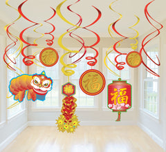 Lunar New Year Swirl Hanging Decorations, Red/Gold, 10 inch, 6-pk