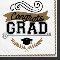 "Congrats Grad" Beverage Napkins, White/Gold, 5-inch, 100-pk