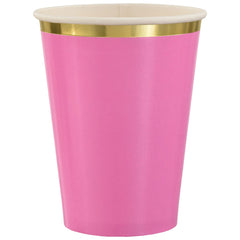 Bright Pink Paper Cups with Gold Trim - 12oz, 8-pk