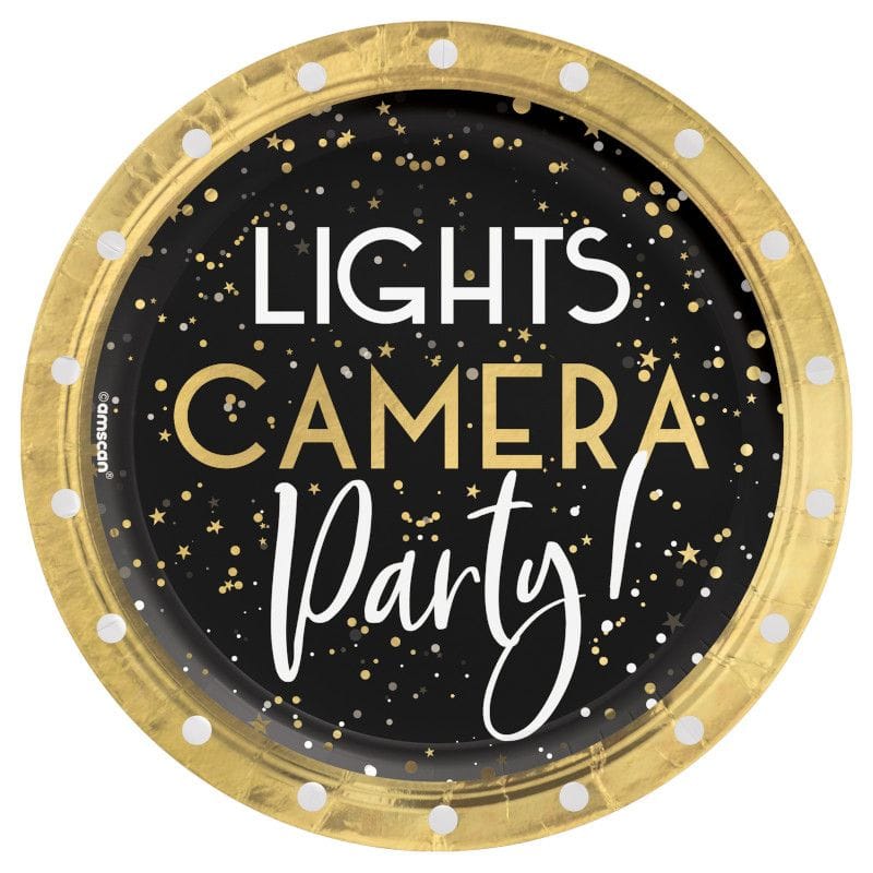 Awards Night Lights Camera Party Dessert Paper Plates, Gold/Black, 7-inch, 8-pk