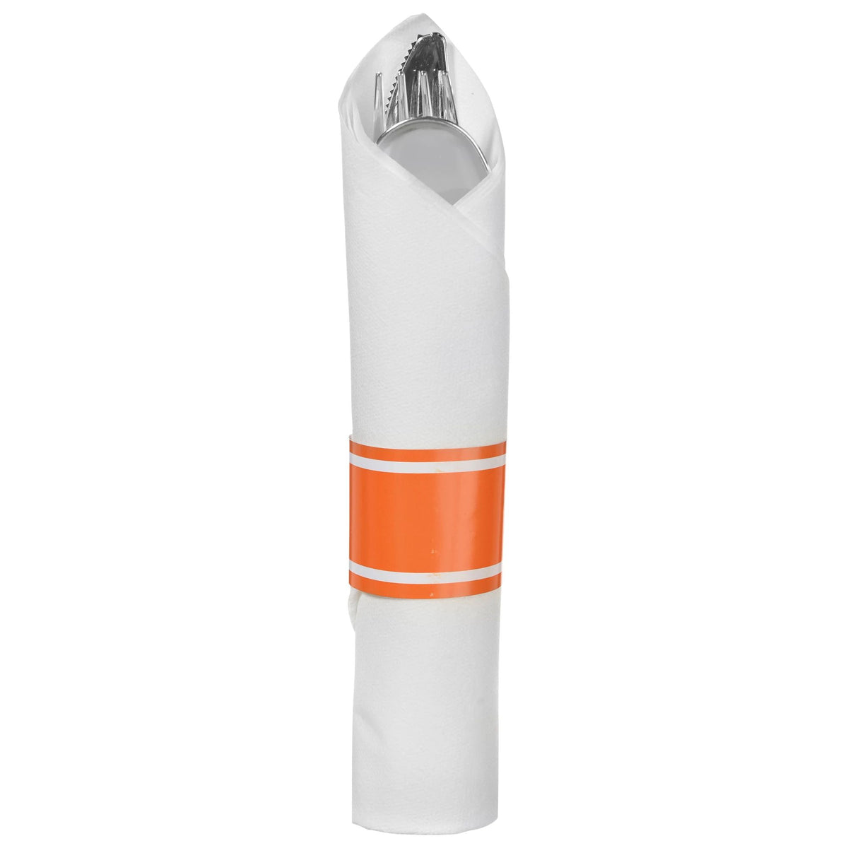 Premium Rolled Cutlery Set with Orange Napkin Wrap | 10 Count