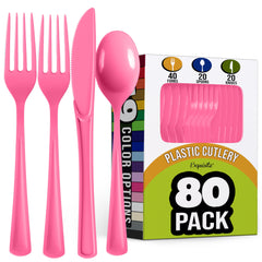 Cerise Heavy-Duty Plastic Solid Color Reusable Cutlery, 80-pk