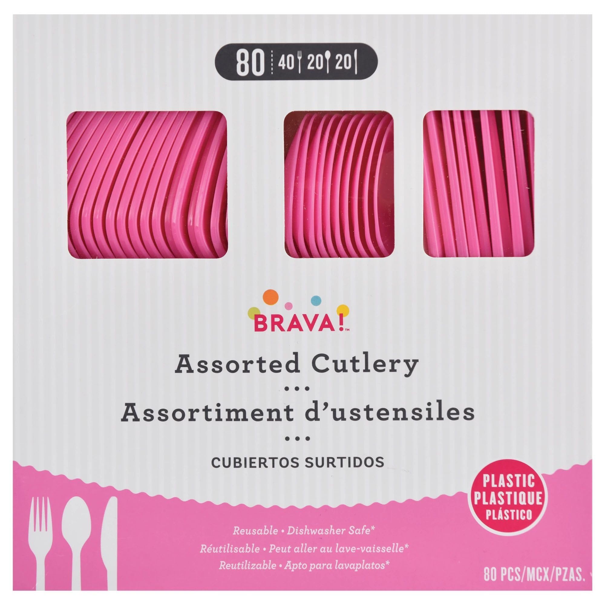 Cerise Heavy-Duty Plastic Solid Color Reusable Cutlery, 80-pk