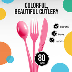 Cerise Heavy-Duty Plastic Solid Color Reusable Cutlery, 80-pk