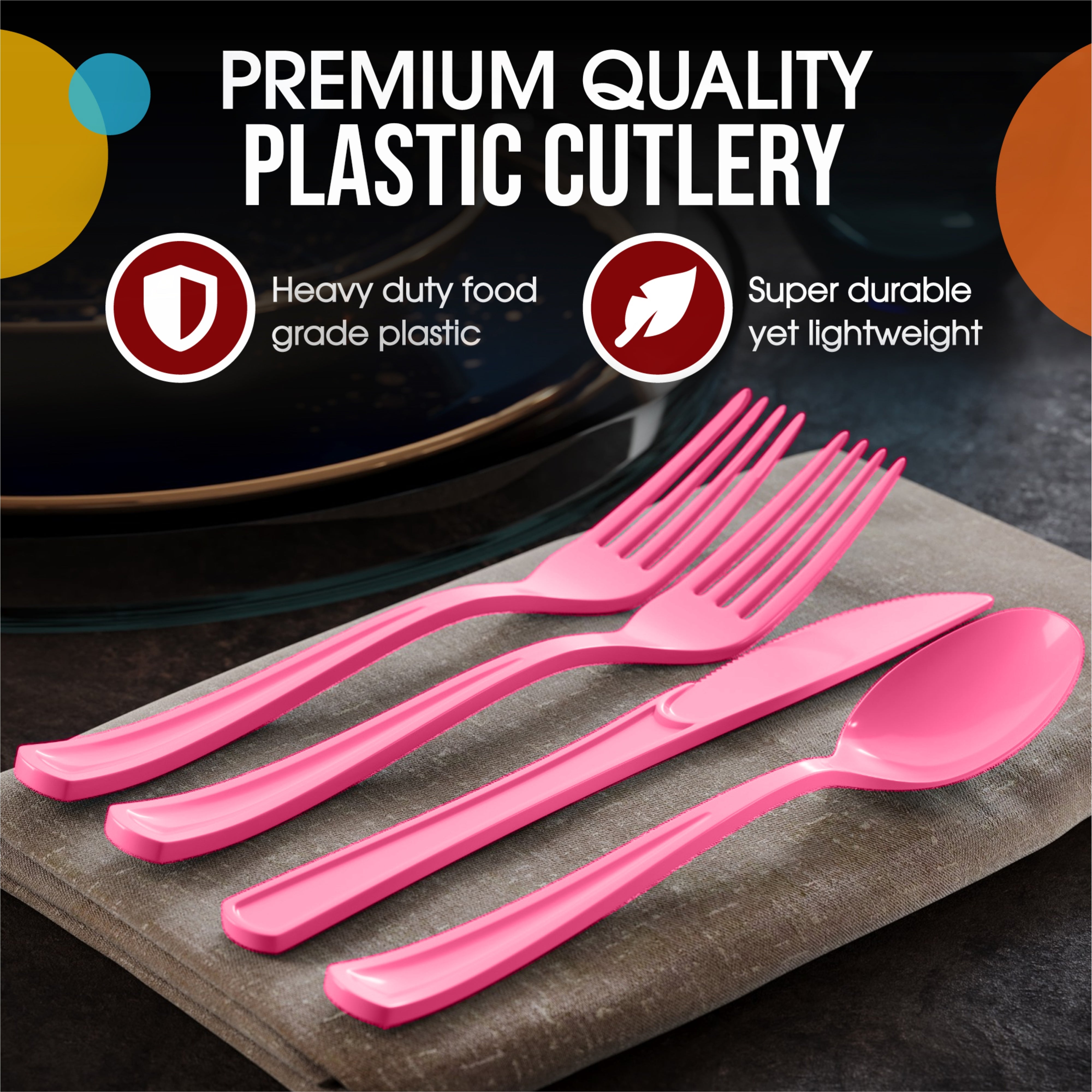 Cerise Heavy-Duty Plastic Solid Color Reusable Cutlery, 80-pk