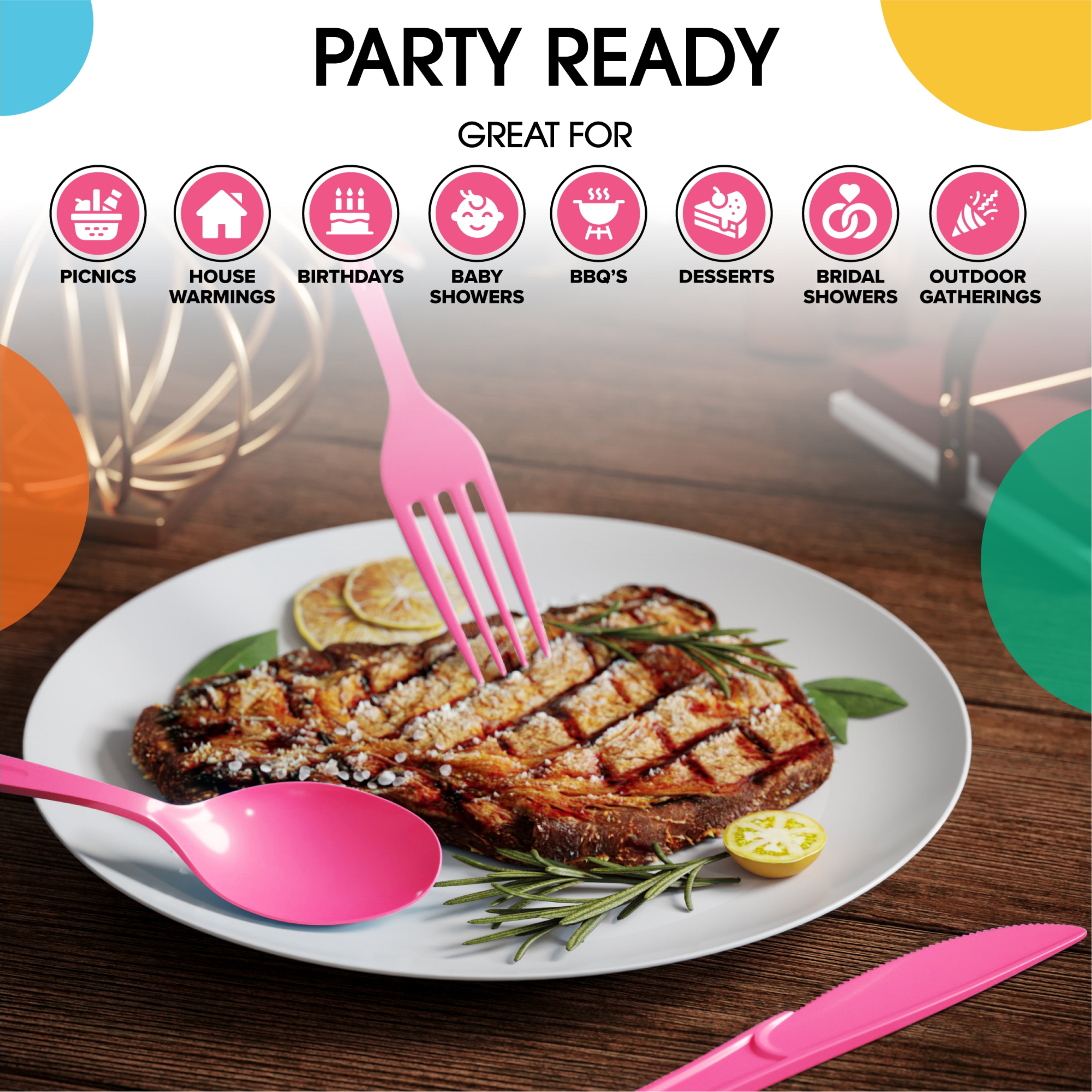 Cerise Heavy-Duty Plastic Solid Color Reusable Cutlery, 80-pk