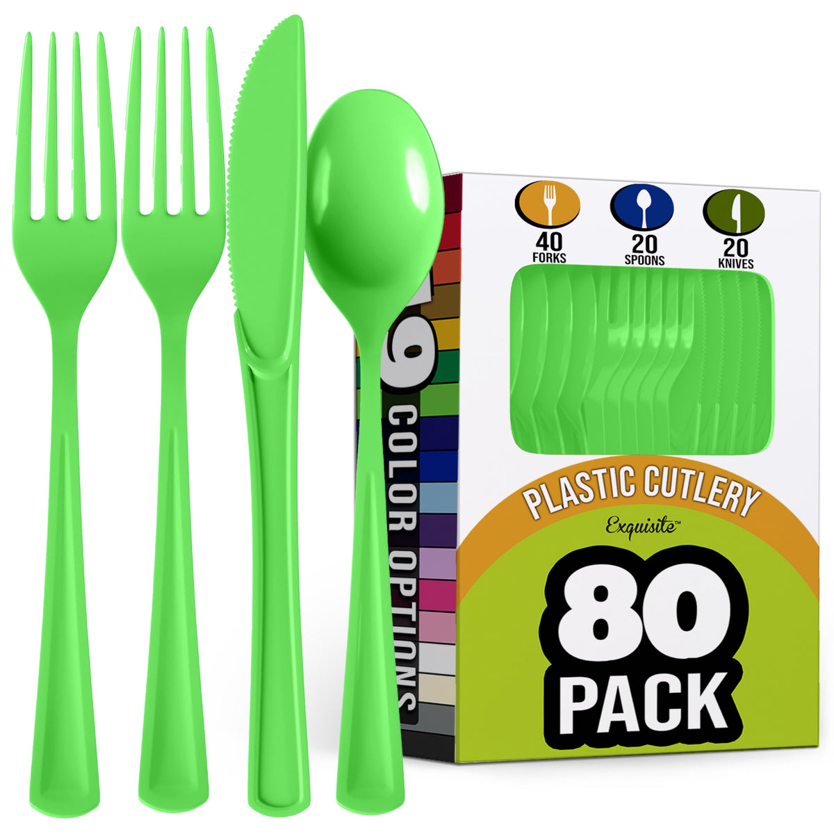 Lime Green Heavy-Duty Plastic Solid Color Reusable Cutlery, 80-pk