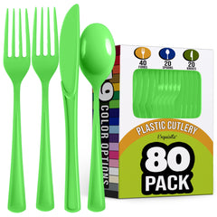 Lime Green Heavy-Duty Plastic Solid Color Reusable Cutlery, 80-pk