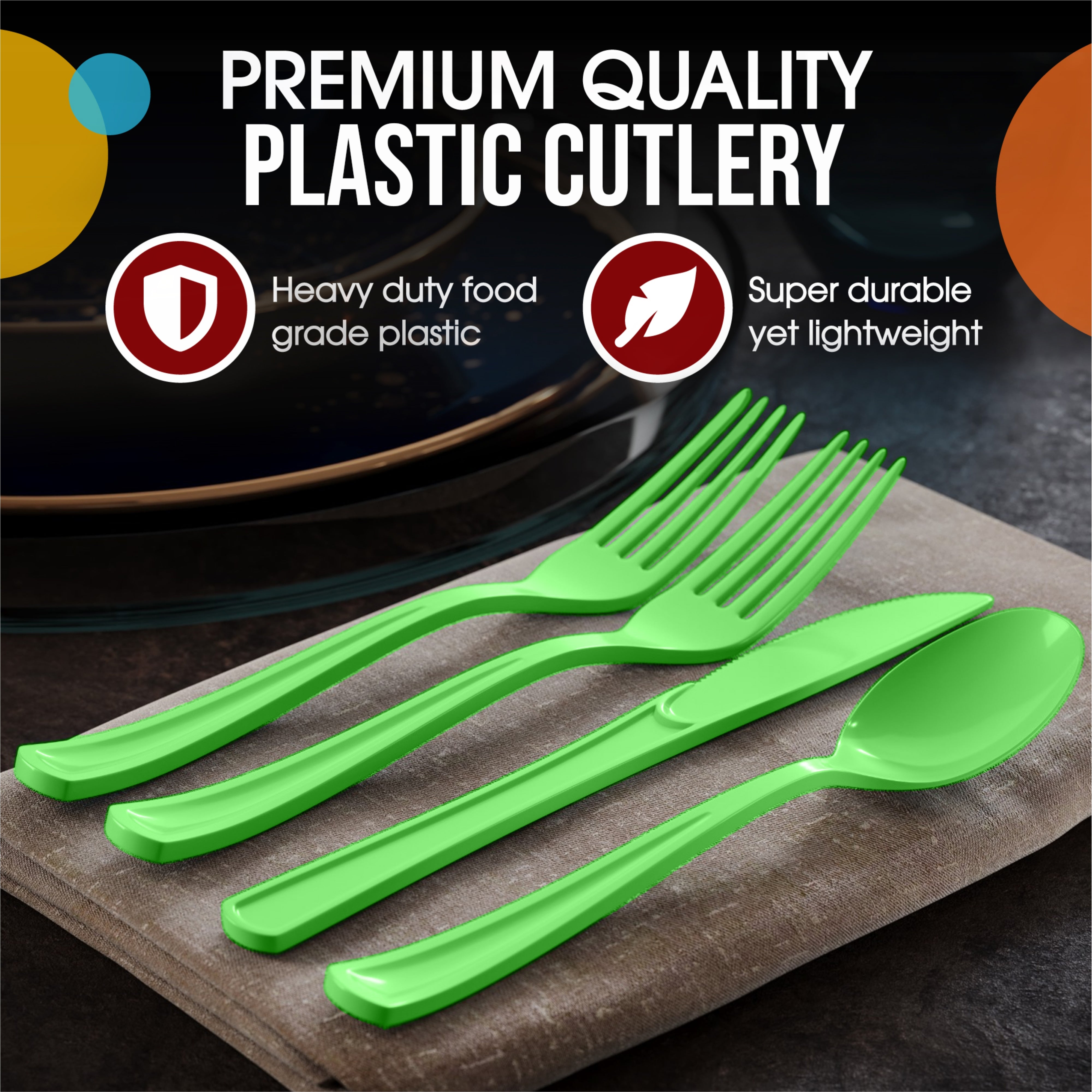 Lime Green Heavy-Duty Plastic Solid Color Reusable Cutlery, 80-pk
