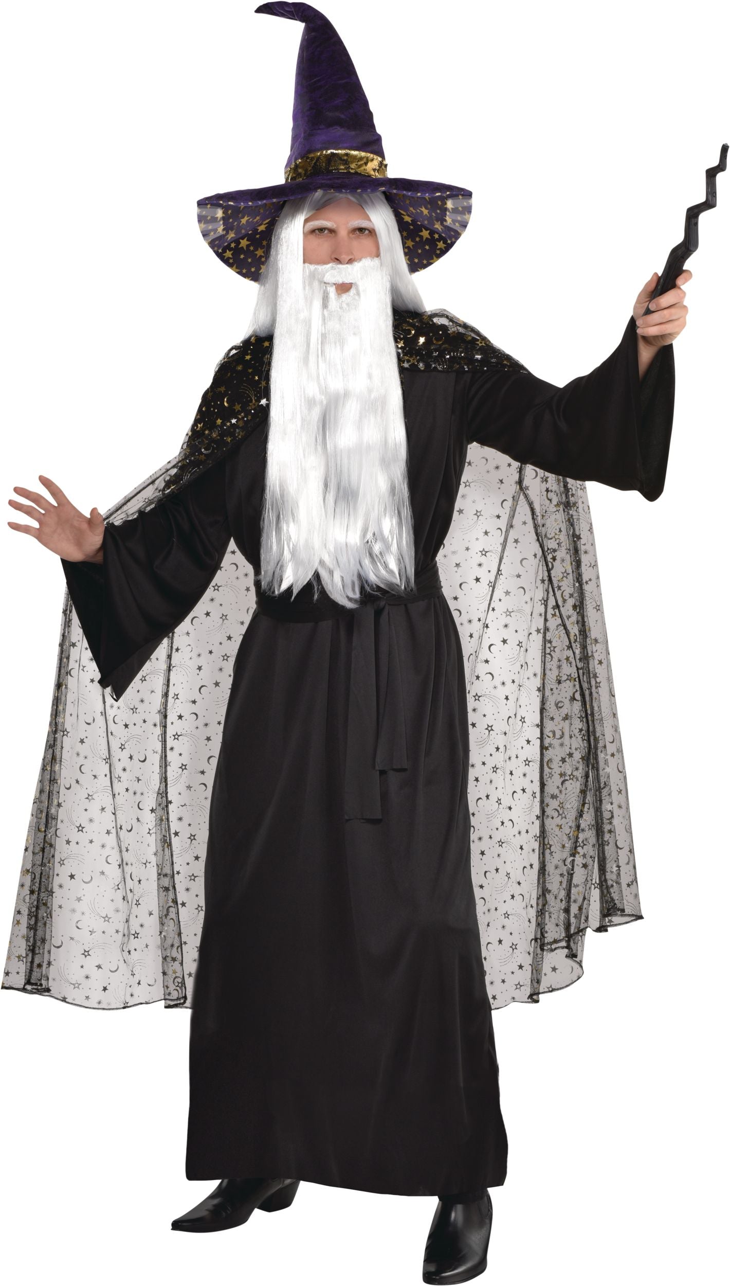 Adult Celestial Hooded Sheer Cape, Black Stars & Moons, One Size