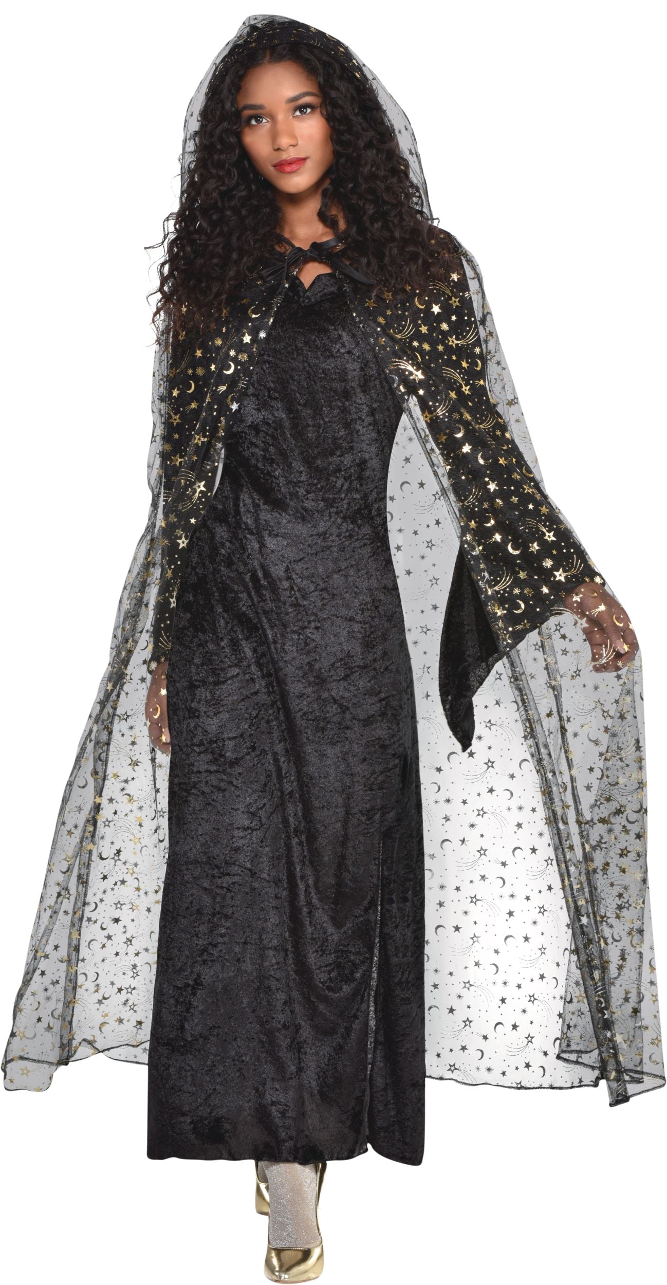 Adult Celestial Hooded Sheer Cape, Black Stars & Moons, One Size