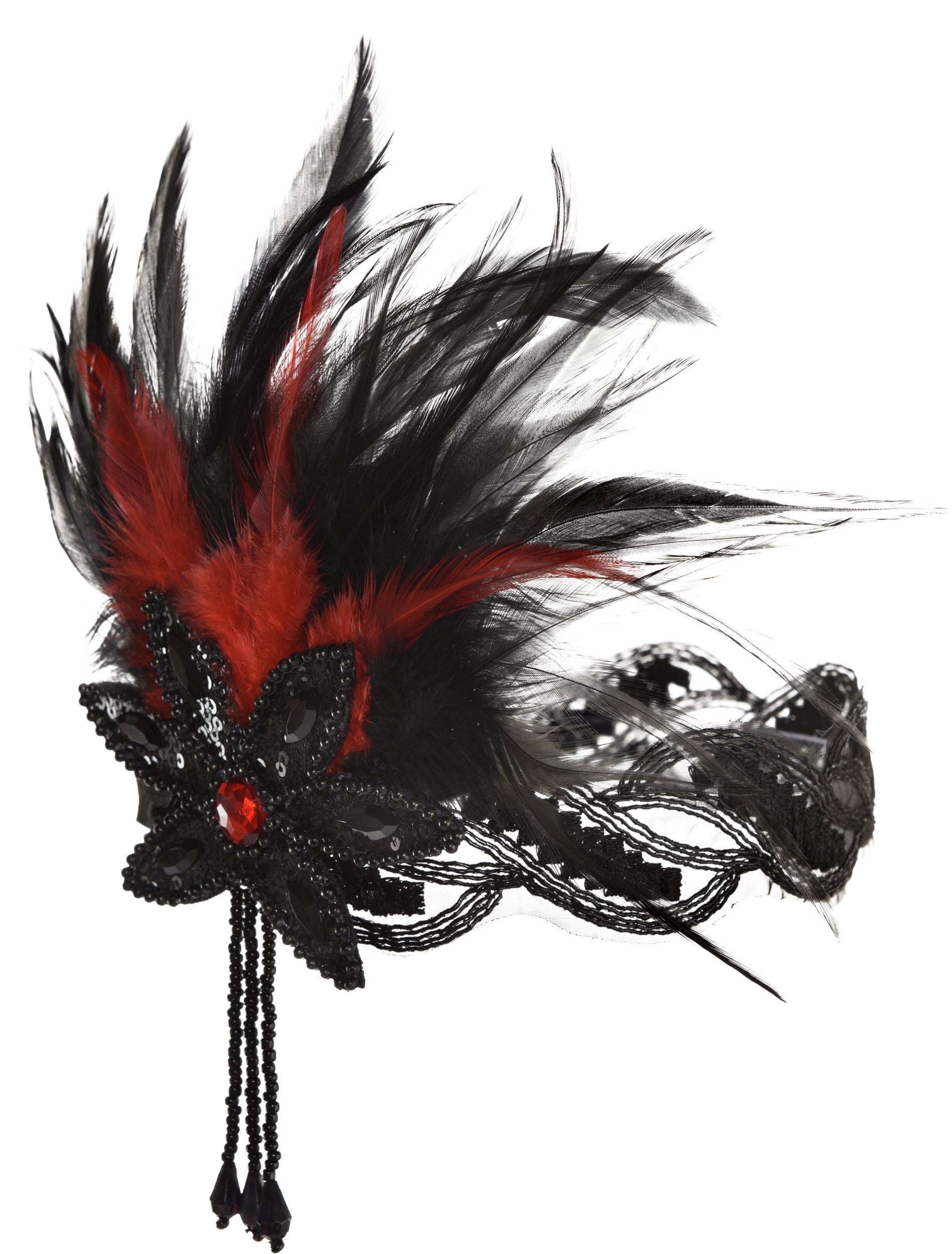 1920s Sequin & Feather Flapper Headband, Red/Black, One Size