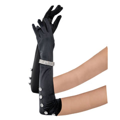 1920s Elbow Long Satin Gloves, Rhinestone Bracelet, Black, One Size