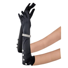 1920s Elbow Long Satin Gloves, Rhinestone Bracelet, Black, One Size