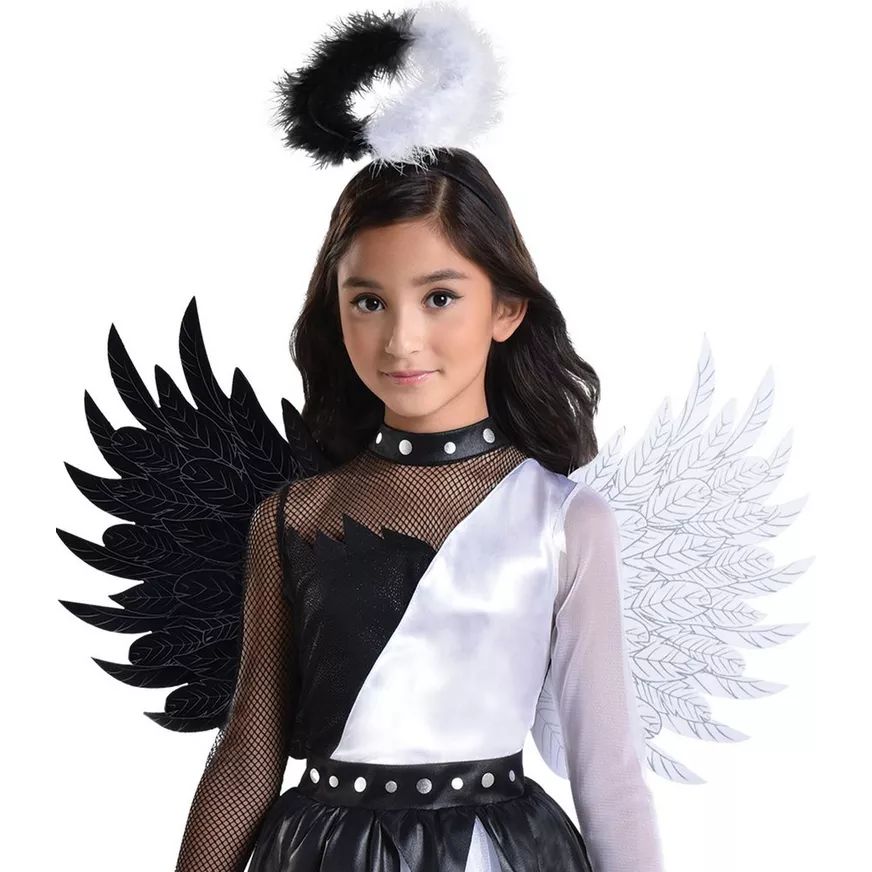 Child Twisted Angel White/Black Dress, Wings & Halo