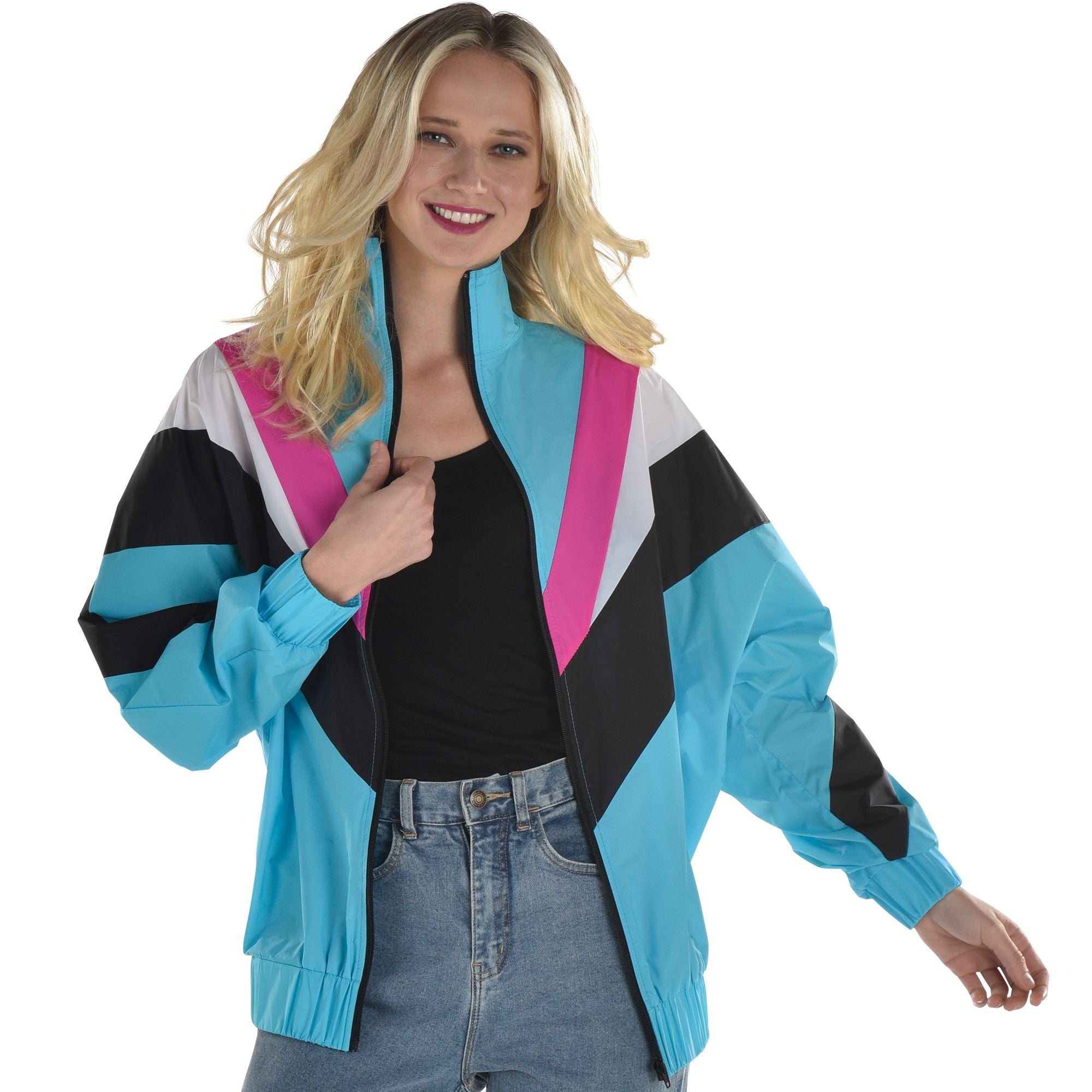 90s Windbreaker Jacket, Blue/Pink/White, Adult One Size