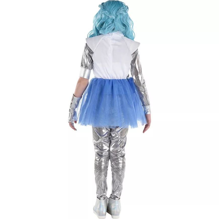 Disney Zombies 3 Addison Alien Costume, Blue/Silver Dress, Gloves, Leggings, Wig, Child Large 12-14