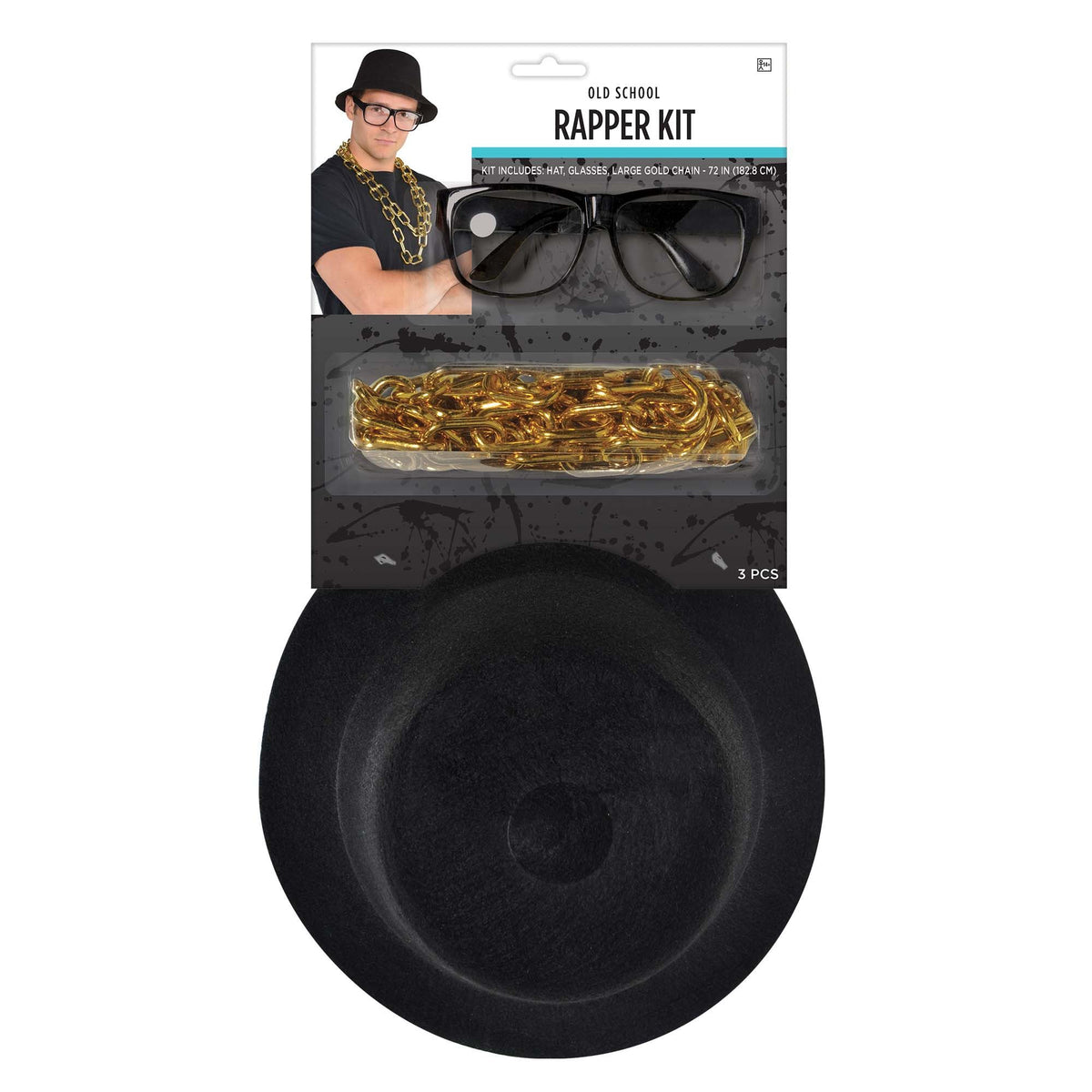1980s Old School Rapper Costume Kit with Hat, Glasses & Chain