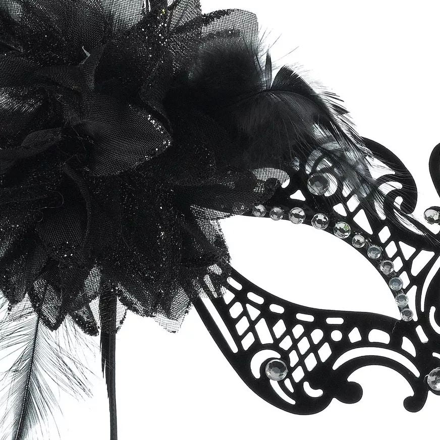 Feather Filigree Flower Masquerade Mask, Black, One Size