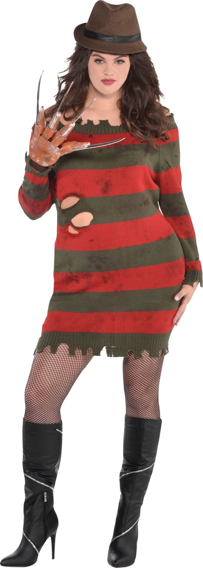 Women's Freddy Krueger Dress, Hat, & Gloves Costume