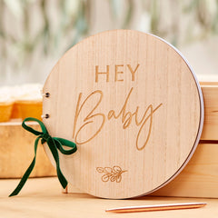 Hey Baby Wooden Circular Guest Book, Tan, 10-inch
