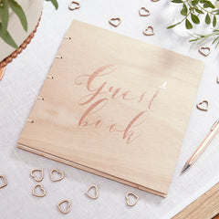 Guest Book Wooden Book, Gold, 50 Sheets, for Wedding