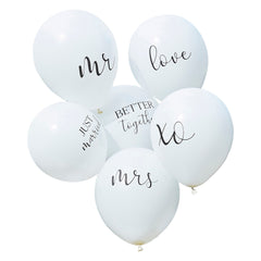 Mr & Mrs. Round Latex Balloon Bundle, White/Black, 12-inch, 6-pk