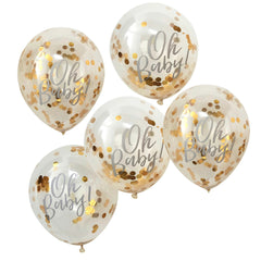 "Oh Baby!" Confetti Latex Balloons, Gold, 12-inch, 5-pk