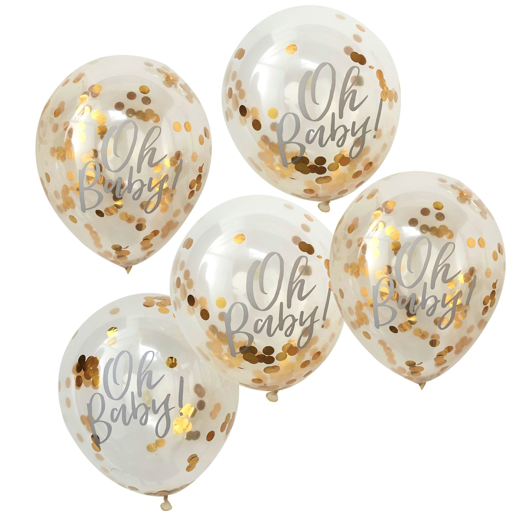 "Oh Baby!" Confetti Latex Balloons, Gold, 12-inch, 5-pk