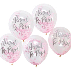 About to Pop! Pink Confetti Balloons for Baby Shower, 5-pcs