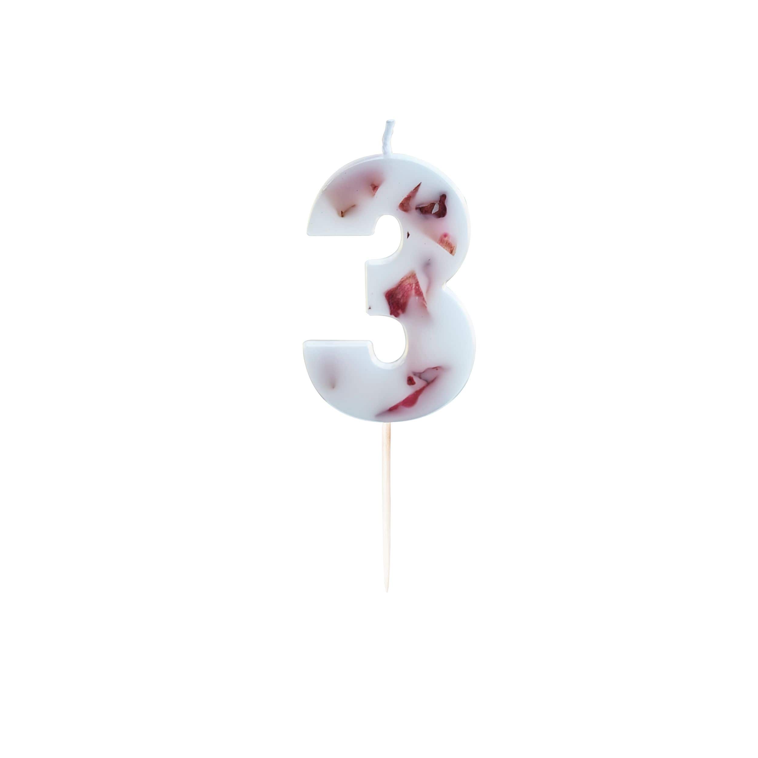 Ginger Ray Pressed Petal Number 3 Birthday Candle, Red/White