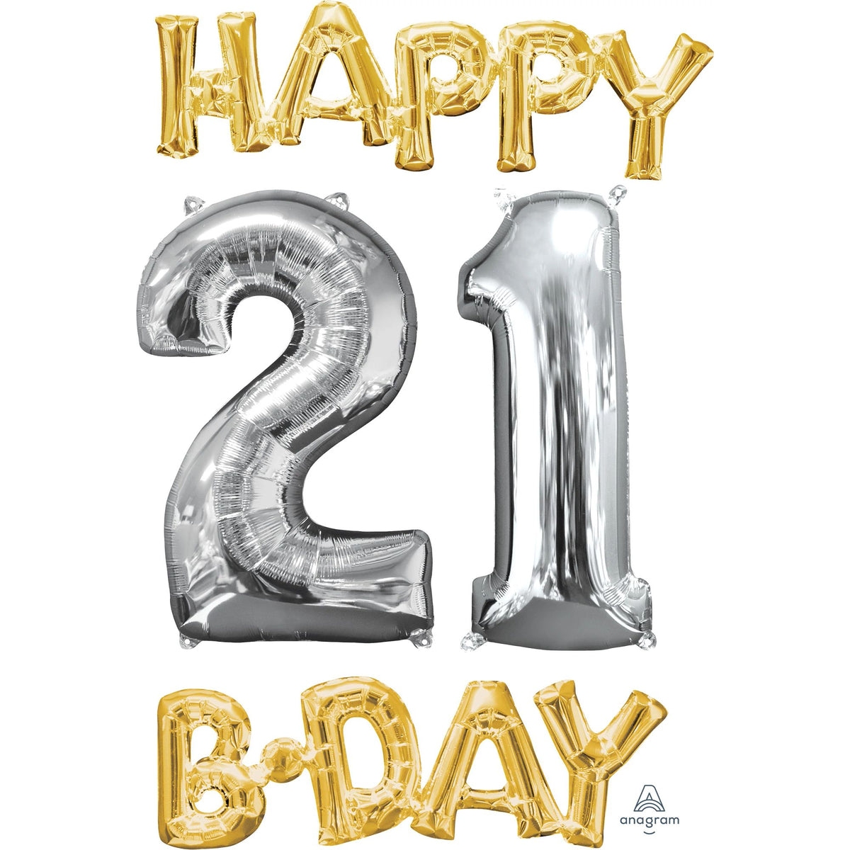 Metallic Gold and Silver Happy 21 B-DAY Foil Balloon Set