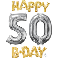 Metallic Gold and Silver Happy 50 B-Day Foil Balloon Set