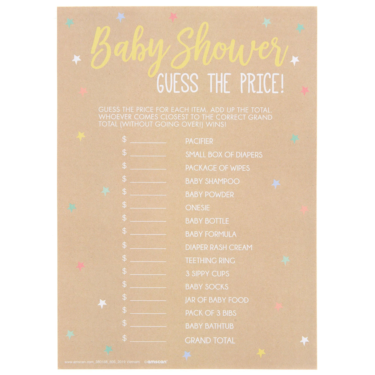 Baby Shower Guess the Price Game, Tan, 24-pk - Case of 96