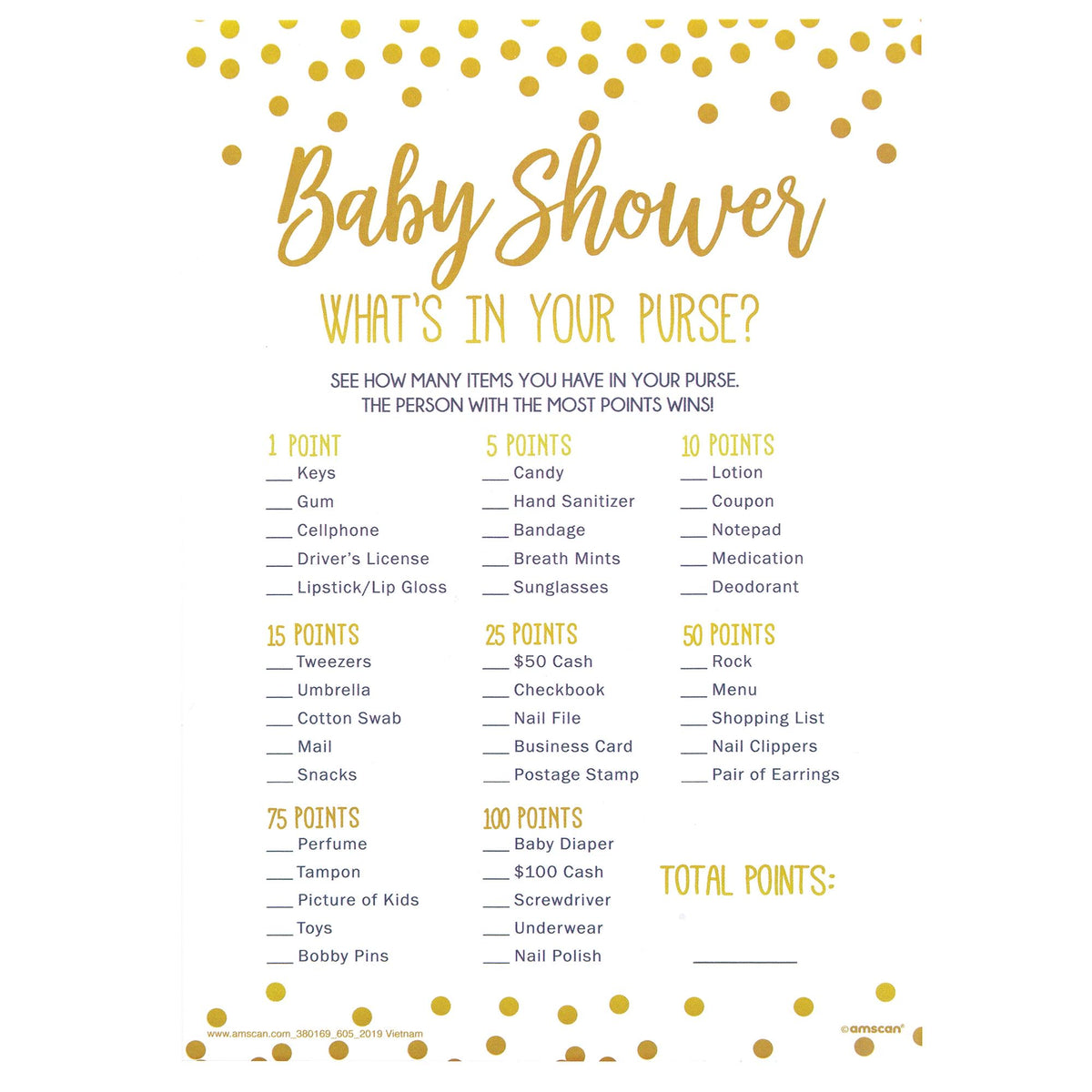 "What's in Your Purse" Baby Shower Game, Gold/White, 24-pk - Case of 96